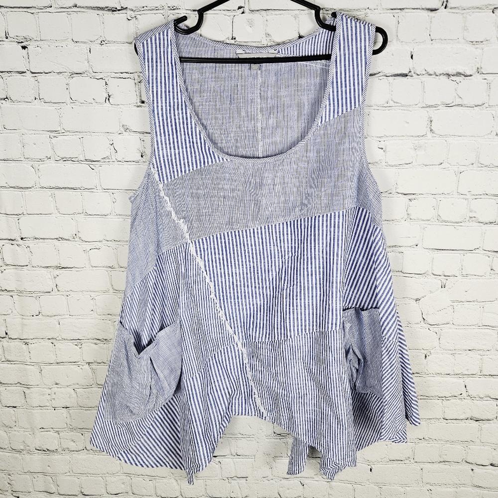 KENAR | sleeveless asymmetrical hem striped linen blend blouse